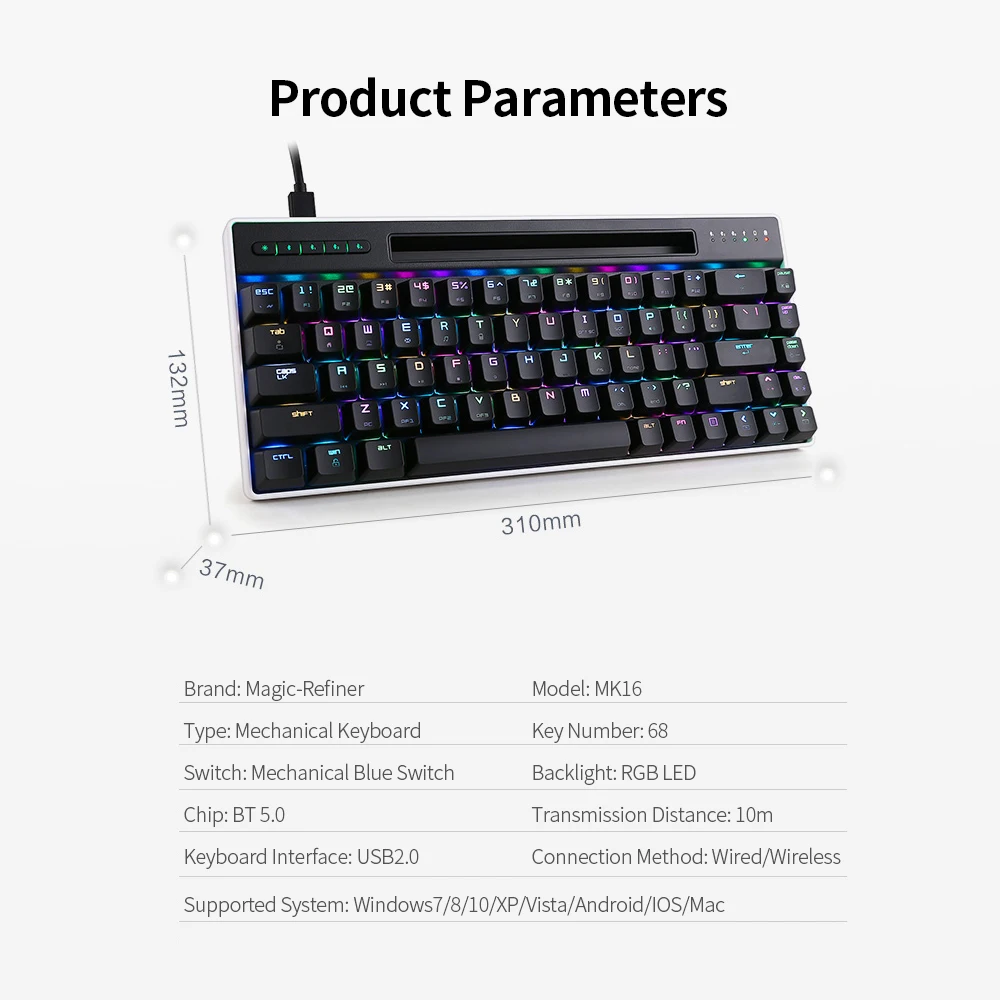 Dual Mode Magic-Refiner MK16 Mechanical Keyboard BT Wired 68 Keys RGB Gaming with Blue Switch | Компьютеры и офис