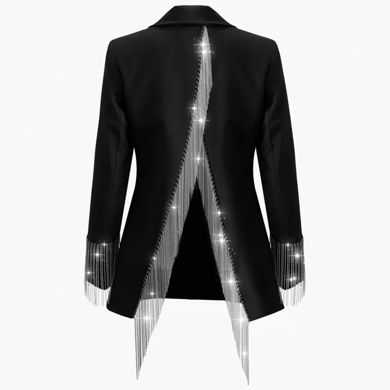 

Пикантный черный Женский блейзер для ночного клуба весна-осень 2021 модный пиджак с открытой спиной на одной пуговице цепочкой бахромой и раз...