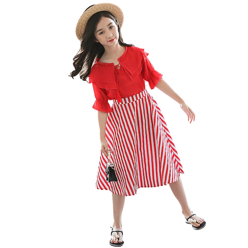 Детская юбка топ с вырезом под горло оборками на рукавах красная Полосатая для