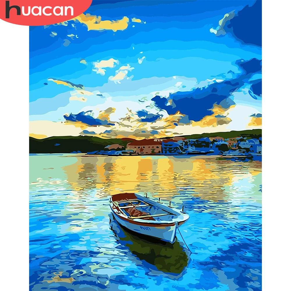 

HUACAN картины по номеру море наборы домашний декор живопись по номерам Лодка Пейзаж рисунок на холсте Ручная роспись искусство DIY подарок