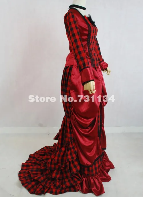 Изготовленный на заказ изящные в красную клетку одежда с длинным рукавом 1870/90s