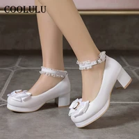 coolulu ankle strap women shoes bow platfrom high heels chunky heel sweet lolita pumps lace buckle female dress footwear size 43