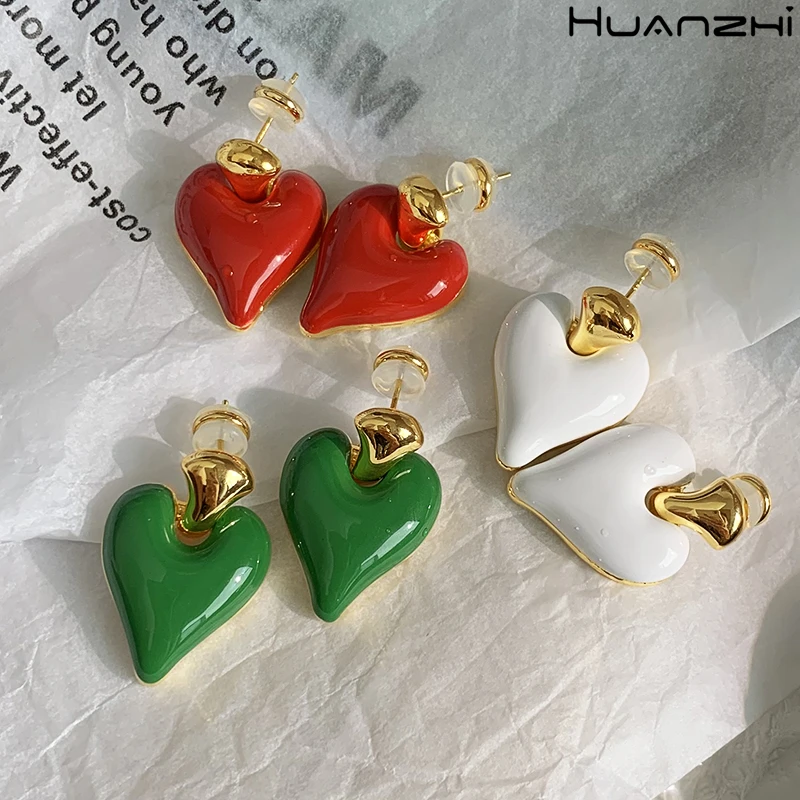 

New Vintage Simple Colorful Enamel Drip Glaze Love Peach Heart-Shaped Metal Drop Earrings HUANZHI 2021 for Women Girls Jewelry