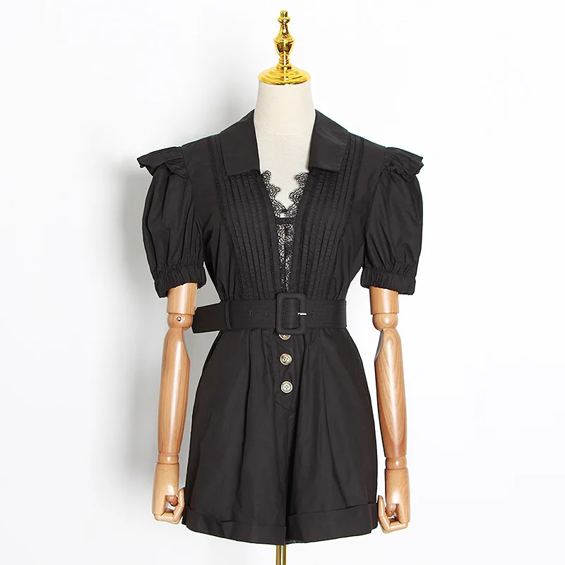 

Vintage Elegant Ruffles Jumpsuits V-neck Puff Sleeve High Waist Hollow Out Playsuits Fashion Office Lady Rompers 2021 Summer New