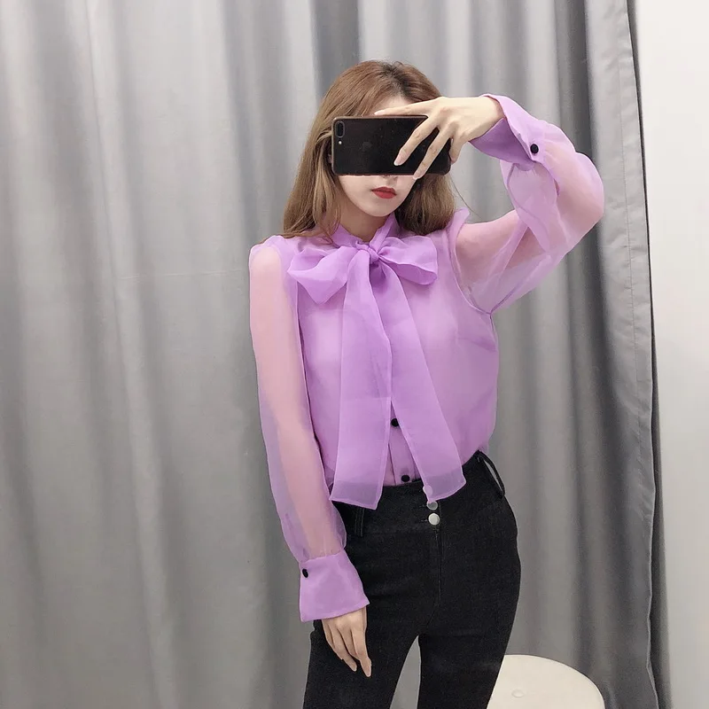 Прозрачная женская блузка Осень 2019 Новая мода фиолетовый органза лук воротник