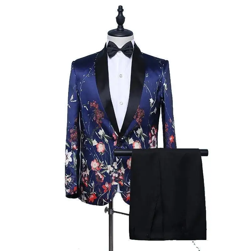 

Men's 2 Pieces Suit Peak LapeL Blue Jacket Black Pants Groom Tuxedo Singer Musician Host Male Stage Costume Party Prom