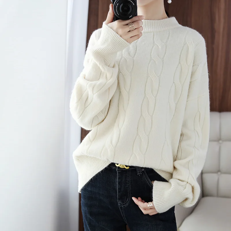 

Autumn Winter New Sweater Women's Round Neck Plus Velvet Thickening To Keep Warm, Outer Wear Loose Hedging Base Sweater Wool Top