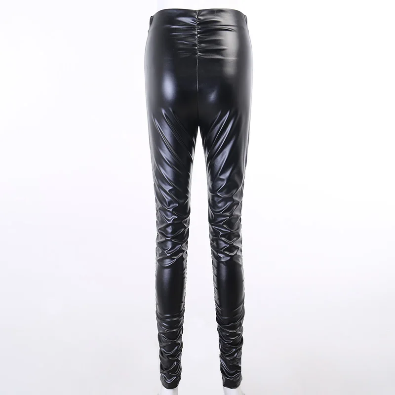 

Black PU Leather Pants for Women High Waist Skinny Push Up Booty Lifting Leggings Fold Elastic Trousers Jeggings Gothic Leggins