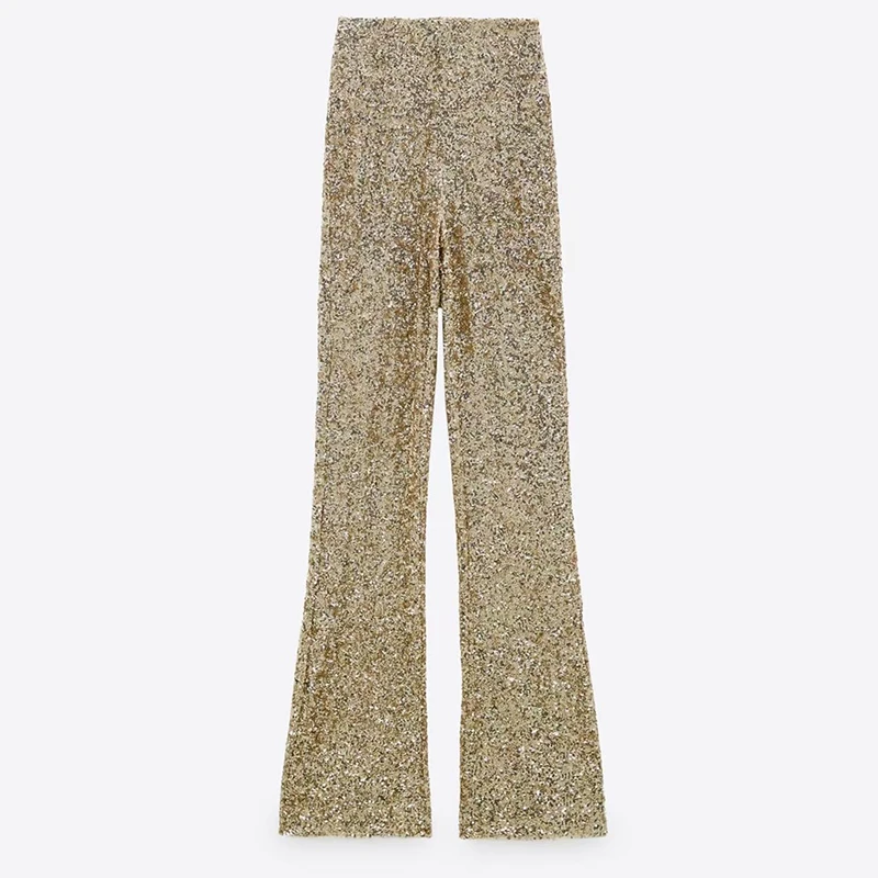 

Vintage Chic Sequined Long Flare Pants Women Elegant Fashion Elastic Waist Full Length Pants Female Party Trousers