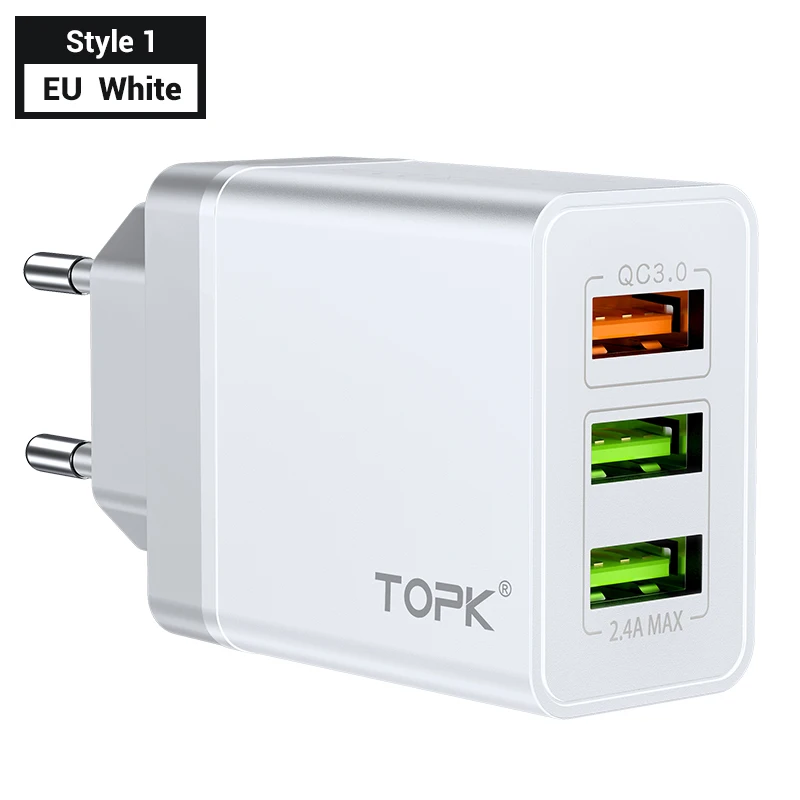 EU White for Style 1 TOPK B348Q Quick Charge 3,0 USB Зарядное устройство QC3.0 быстрой зарядки нескольких Зарядное устройство для samsung S10 Xiaomi Mi9 путешествия Сетевое зарядное устройство для телефона - Тип штекера: EU White for Style 1