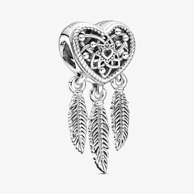 

2020 New 925 Sterling Silver color Openwork Heart three Feathers Charm Beads Fit Original 3mm Charm Bracelet Jewelry Gift