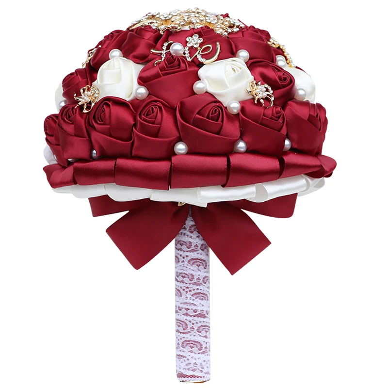

Promotional Bridal Wedding Bouquet Wine Red + Cream Crystal Pearl Ribbon Rose Handmade Romantic Wedding Supplies De Novia W307