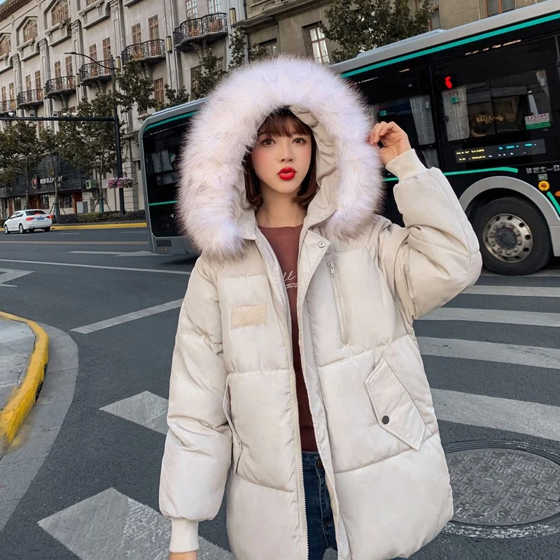 

Cotton Padded Jacket 2021 Winter Hooded Parkas Warm Down Jacket Woman Coats Thicken Big Fur Collar Casual Women Puffer Jackets
