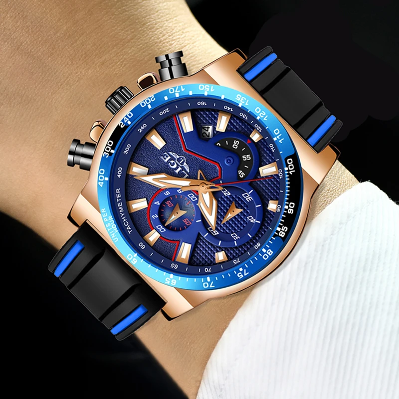 Часы наручные LIGE мужские с силиконовым ремешком брендовые Роскошные Кварцевые