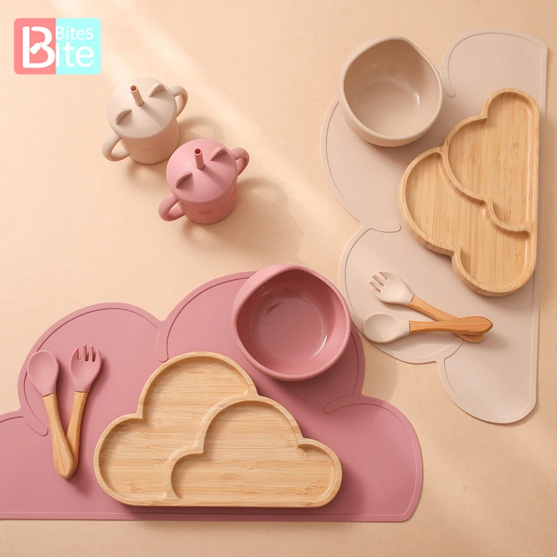 Vajilla de silicona de 6 unids/set para beb&eacute;, cuenco de silicona de grado alimenticio, cuchara impermeable, plato de cena de madera de bamb&uacute;, taza de alimentaci&oacute;n, productos para beb&eacute;-0