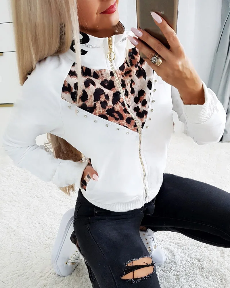 

Women's Sports Jacket, Loose, New Style Leopard Stitching Zipper Jacket