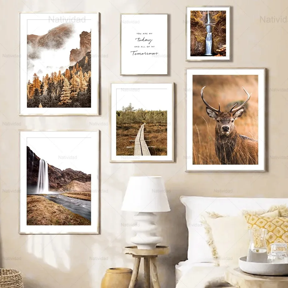 Картина на холсте Осенняя Гора лес туман олень водопад настенные художественные