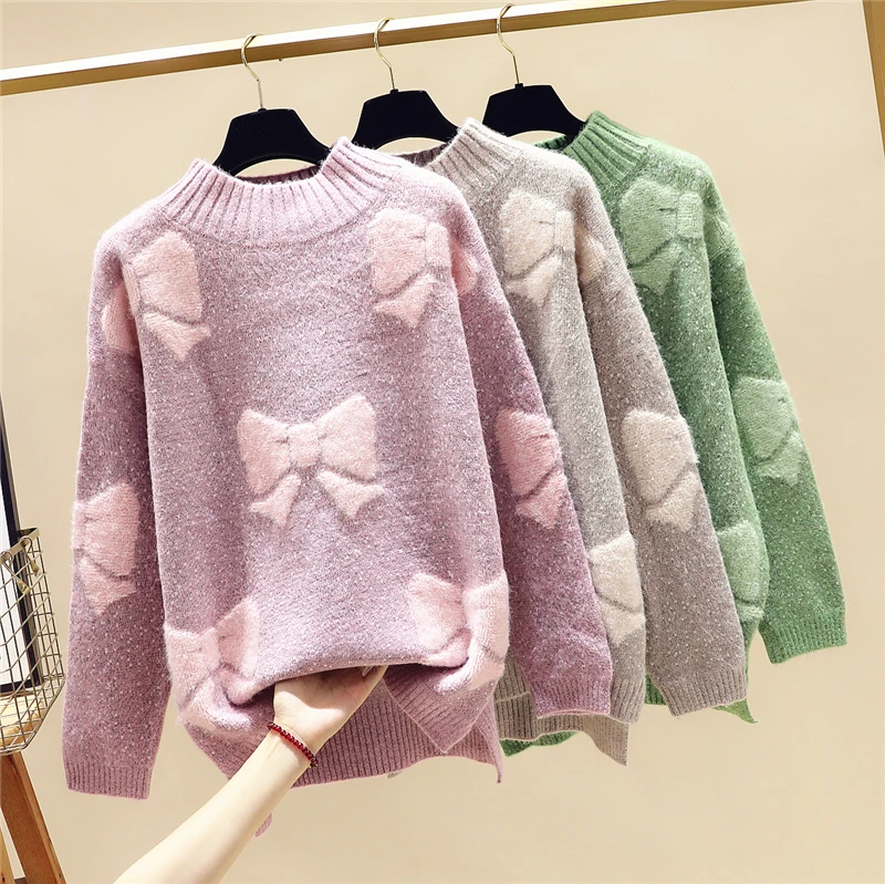 women's sweater new autumn and winter solid color long-sleeved bow embroidery thick warm | Женская одежда
