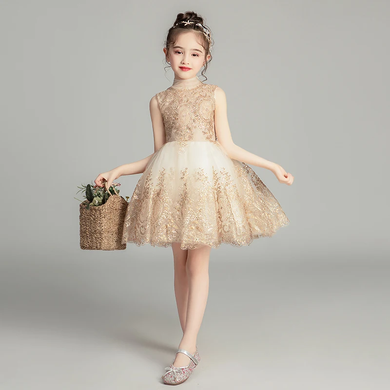 Children's Princess Dress Girl's Wedding Girl Sleeveless Evening Gold Sequins Baby Baptism Pageant Gown | Детская одежда и