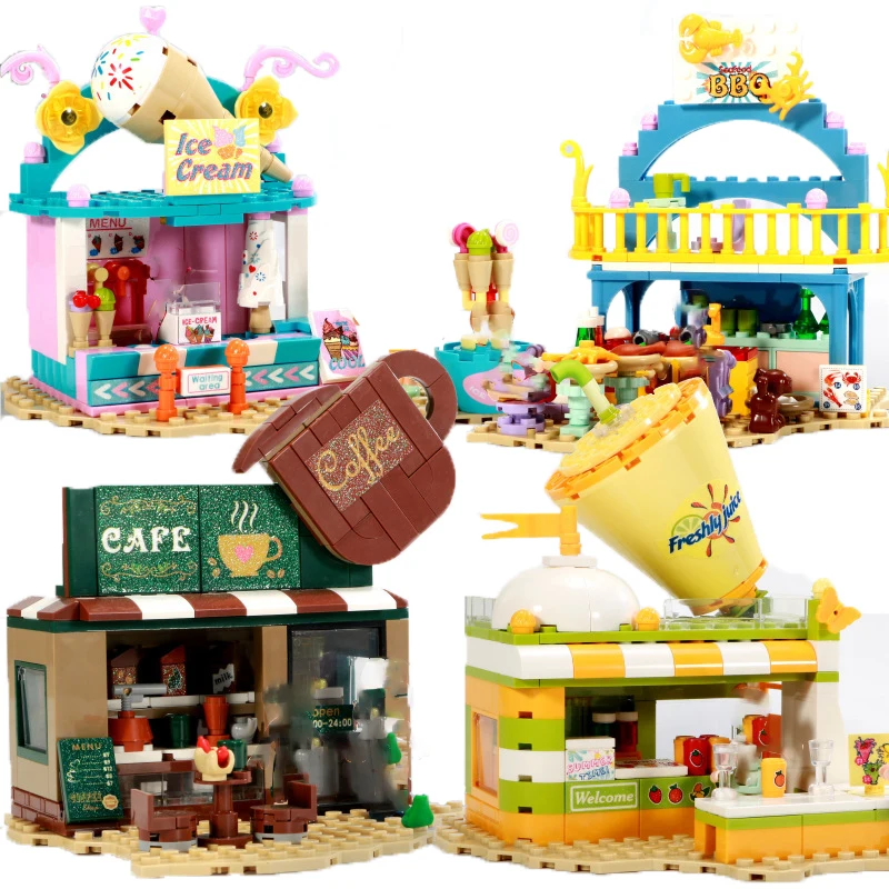 

New Cute Room Girl City Street View Building Blocks Beverage Barbecue Coffee Ice cream Shop Model Bricks Toys for Kids Gifts