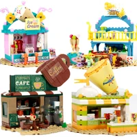 new cute room girl city street view building blocks beverage barbecue coffee ice cream shop model bricks toys for kids gifts