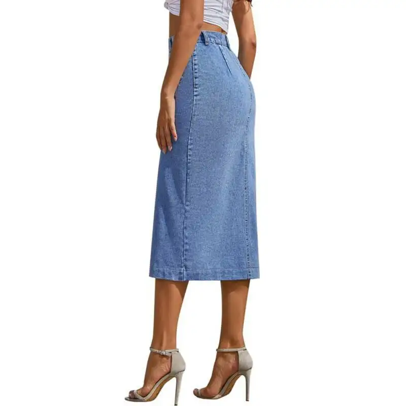 

Women Side Single Breasted Hip Pencil Jean Denim Skirt High Waist Casual Bodycon