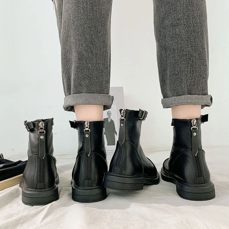 

Zipper Lady Boots Boots-Women Round Toe Autumn Shoes Winter Footwear Luxury Designer Flat Heel 2020 Rock Fashion Rubber Low