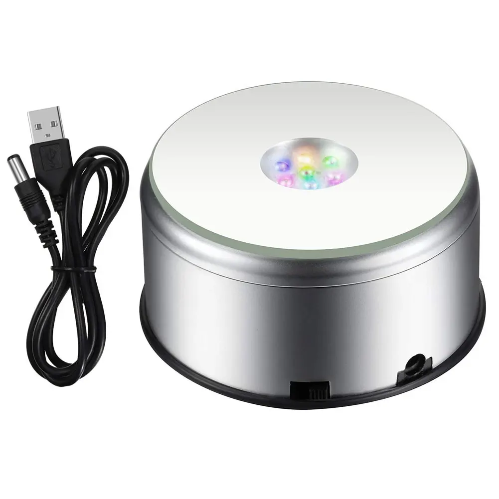 

LED Colorful Light Rotating Glass Crystal Statue Display Base Round 7 Colorful LED Luminous Light Holder Stand With USB Cable