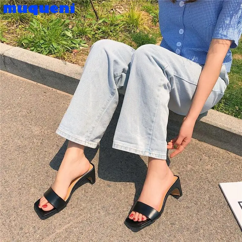 

2021 Chunky Slides Women High Heels Mules Fetish Summer Blue Sandals Block Low Heels Slippers Prom Platform Stripper Shoes