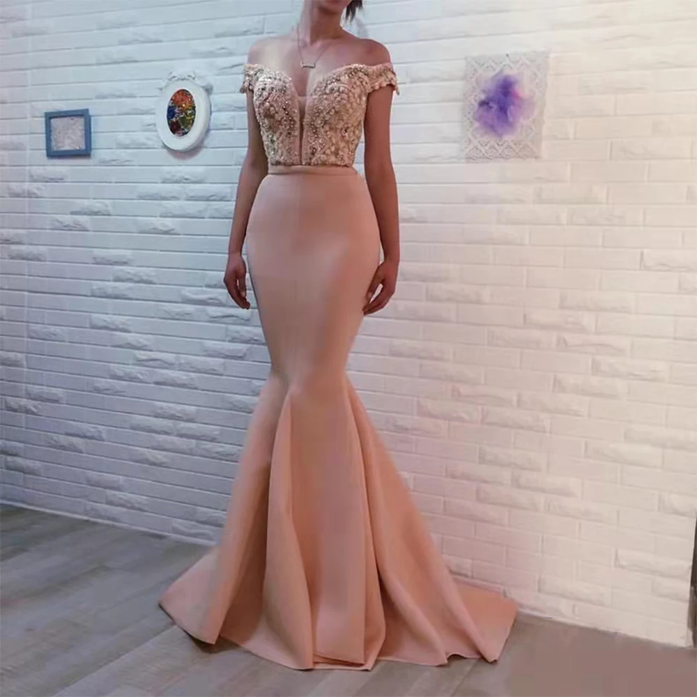 

Pink Satin Beaded Mermaid Prom Dresses 2021 Off Shoudler V Neck Back Illusion Party Formal Evening Gowns Customize robe de marié