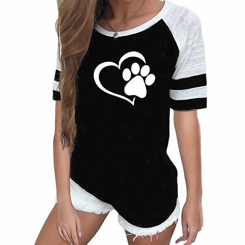 New Fashion Love Dog Paw Print Top Shirt Women Plus Size Raglan Pink T-shirt Tumblr Cropped Cute
