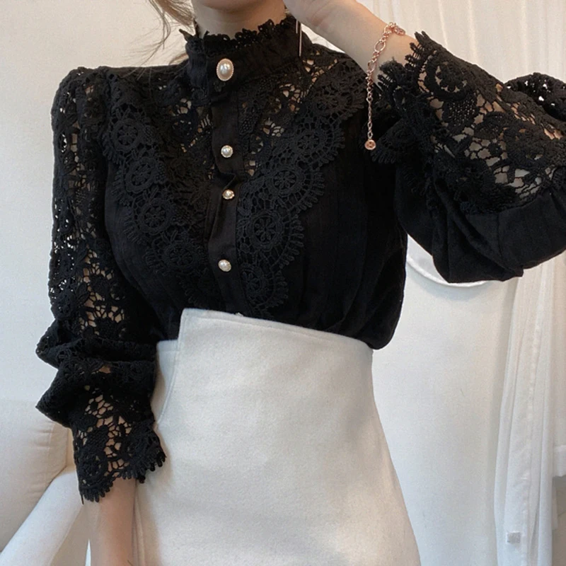 

New 2021 Sweet Hollow Out Lace Patchwork Women Blouse Chic Button White Top Petal Sleeve Flower Stand Collar Shirt Blusas