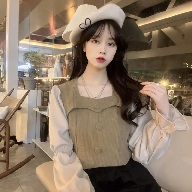 

Women shirts spring trend Design sense retro shirt 2021 new western style long-sleeve square collar top wild Woman clothes