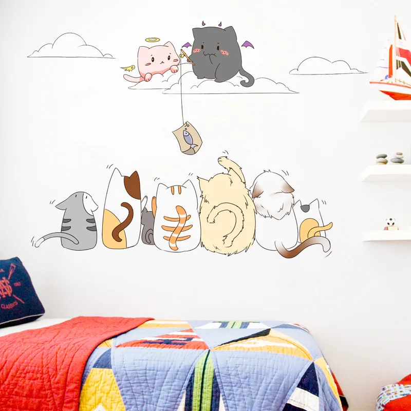 

Cute Cat Wall Stickers for Kids Rooms Cartoon Bedroom Room Decor Aesthetic Living Room Sofa Backdrop Wall Decoration Wallpaper