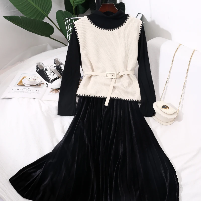 Gagarich Women Dress Two Piece Set Fashion 2019 Autumn Winter Gold Velvet Pleated Waist Belt High Collar Pullovers Female Suit | Женская