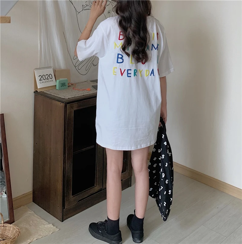 

Summer New Women's T-shirt Korean Style Fashionable Student Mid-Length All-Matching Loose Short Sleeve Design Sense Female Niche