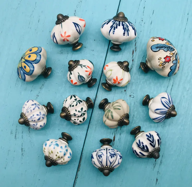 Мульти Цвет Керамика дверная ручка 1 шт. ручной работы тыквы ручки шкафа с синий и