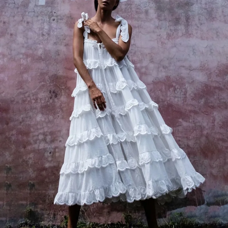 Elegant Patchwork Multi-layer Ruffled White Court Woman Maxi Dress 2021 Strapless  Oversized Cotton Puffy Little Fairy Skirt