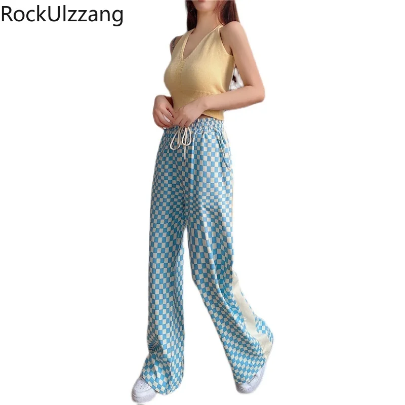 Брюки женские с завышенной талией клетчатые свободные прямые спортивные штаны в