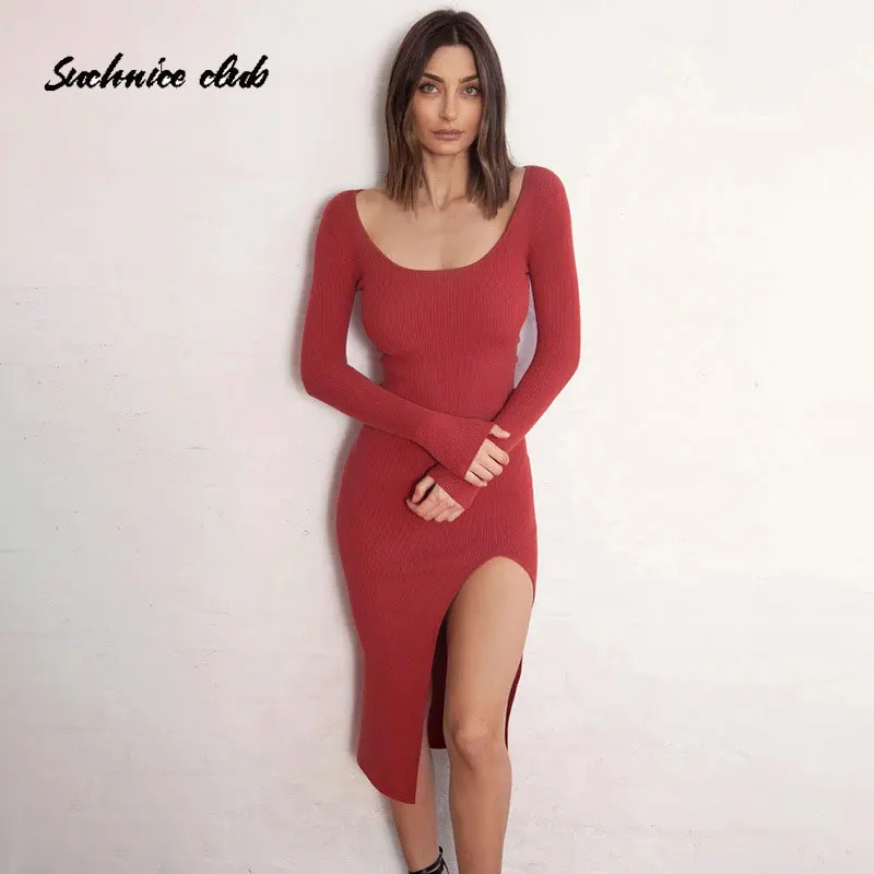 

Long Sleeve Maxi Dress Ribbon Sexy Fall Solid Color Split Knit Party Dresses for Women Winter Knitted Bodycon Dress