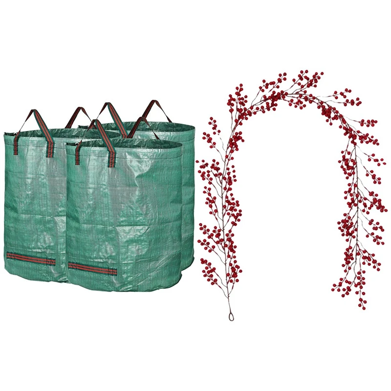 

3 Pcs Large 300L PROFESSIONAL Garden Waste Bags & 1 Pcs 6.39FT Red Berry Christmas Garland