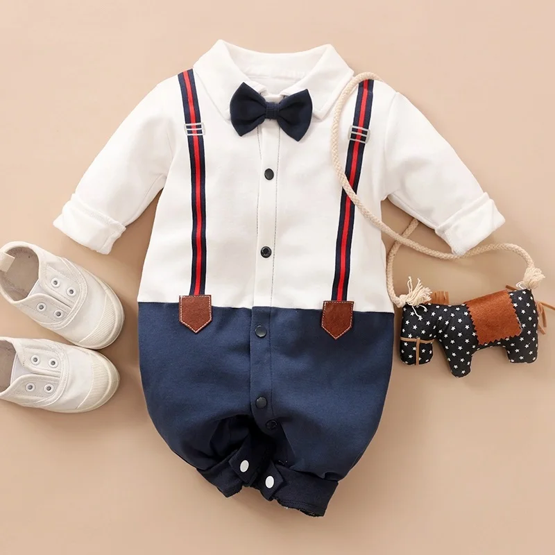 PatPat New Spring and Autumn Cotton Crawling Baby Boy Grace Imitation Long Sleeve Gentleman Bow Tie Jumpsuit Clothes |
