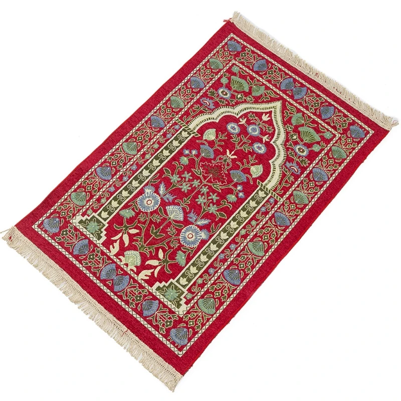 

Portable Muslim Prayer Rug Thick Islamic Turkish Chenille Praying Mat Vintage Floral Leaves Pattern Woven Tassel Blanket