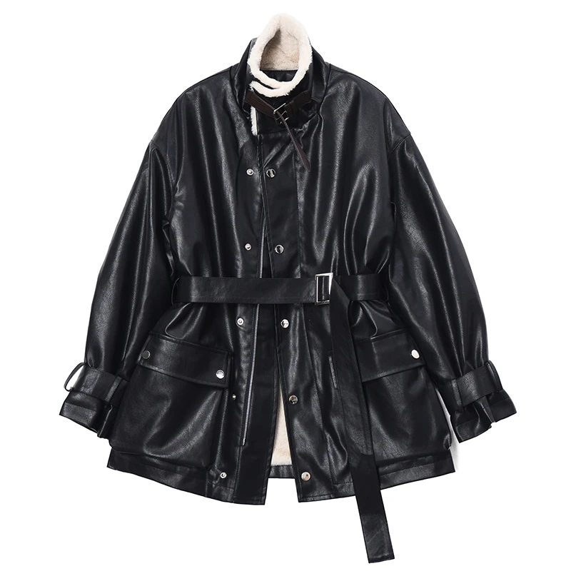 

SeeBeautiful Loose Velvet Thick Jacket Coat Lapel Long Sleeve Zipper Belt Pockets Button Women Winter 2021 New Fashion Q053