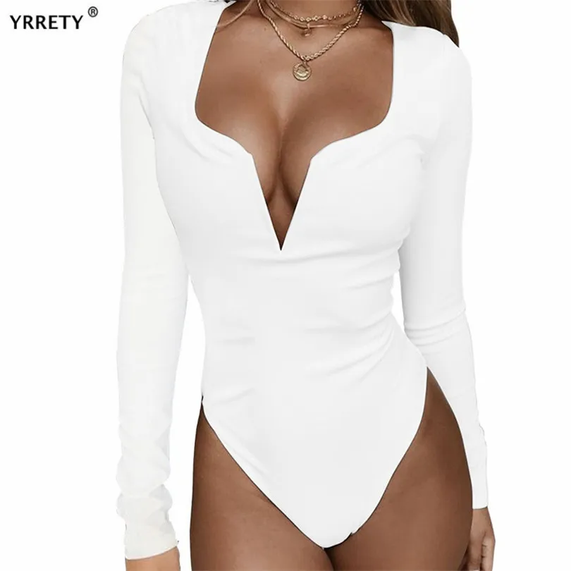 

YRRETY Long Sleeve V Neck Black Bodycon Sexy Bodysuit Autumn Women Fashion Casual Slim Fit Body Jumpsuits Knitted Club Rompers