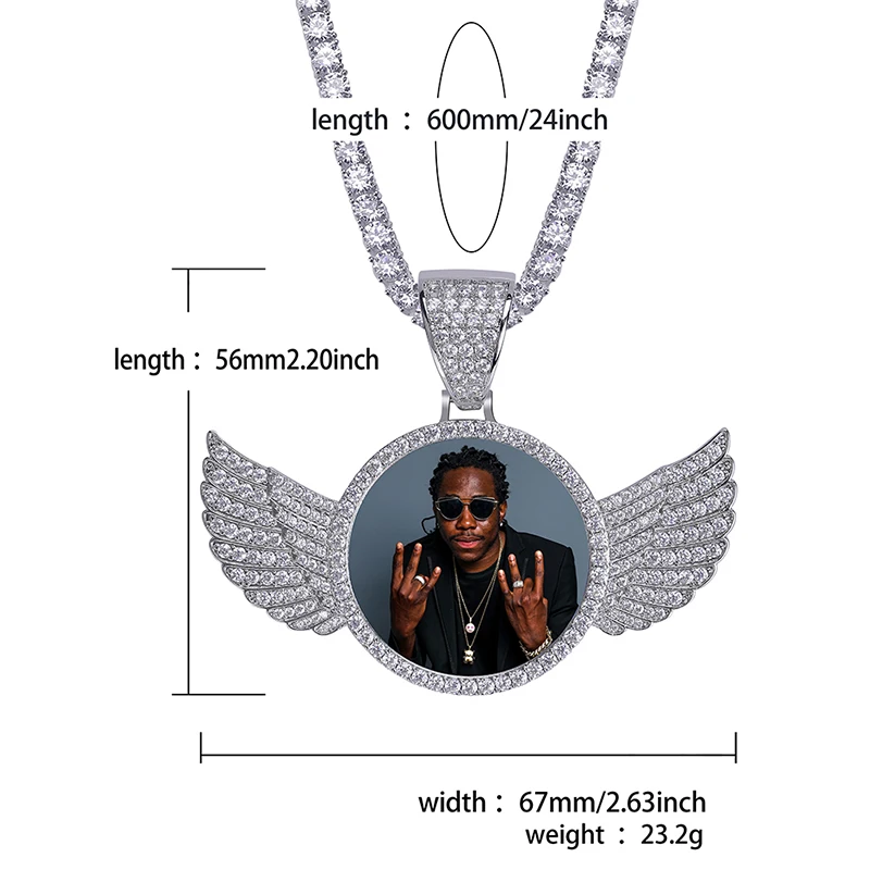 

Topgrillz Gold Custom Made Photo With Wings Medallions Necklace & Pendant 4mm Tennis Chain Cubic Zircon Men's Hop Jewelry