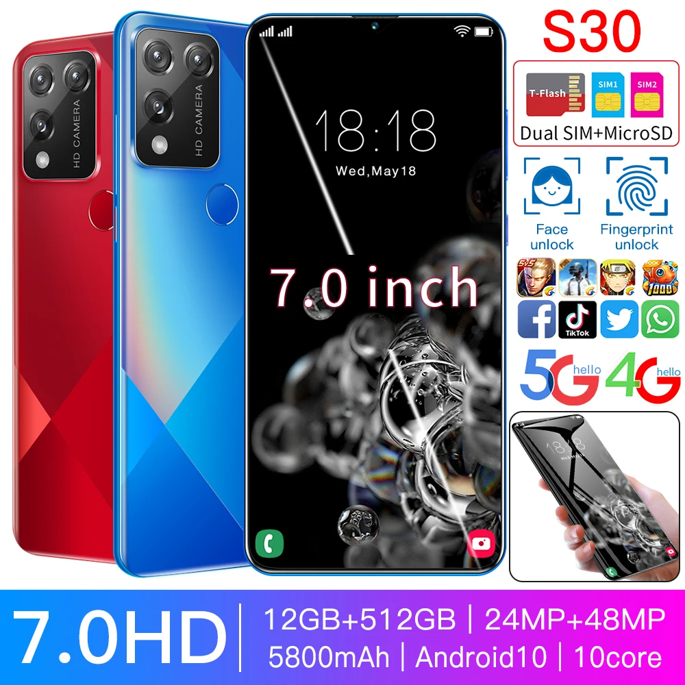 

S30 Smartphone 12GB+512GB 10 Core 2021 New 7.0 Inch Full Screen 24MP+48MP 5800mAh Facial Fingerprint Recognition 5G Mobile Phone