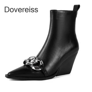 Dovereiss Fashion Women's Shoes Winter Genuine Leather White Goth Concise White  Metal Chain Wedges Ankle Boots 40