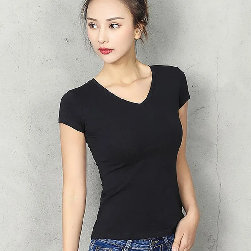 

Cotton Women T-shirt V-neck Short Sleeve women shirt All match Lady Top Black White Gray Yellow Shir
