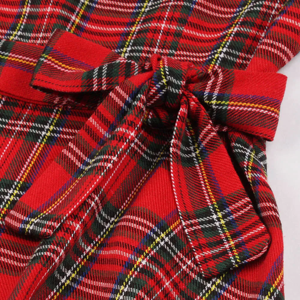 Женское винтажное платье с круглым вырезом и принтом в клетку вечернее поясом